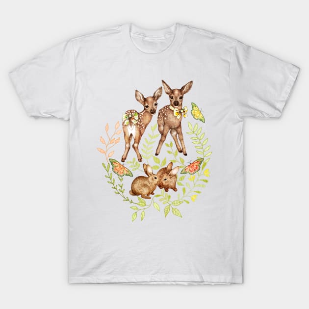 Whimsical Forest Fawns & Rabbits T-Shirt by PerrinLeFeuvre